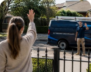 Customer waving goodbye to a Strathfield South Blocked Drains plumber